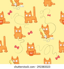 Seamless pattern with cartoon kittens and bows on a yellow background.