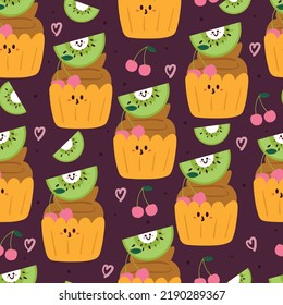 Seamless Pattern Cartoon Kiwi Cupcake With Cherry. Cute Fruit Wallpaper For Textile, Gift Wrap Paper