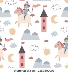 Seamless pattern with cartoon knights, castle, decorative elements. Flat style colorful vector illustration for kids. hand drawing. baby design for fabric, textile, print, wrapper.