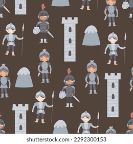 Seamless pattern with cartoon knights, castle, decorative elements. Flat style colorful vector illustration for kids. hand drawing. baby design for fabric, textile, print, wrapper.