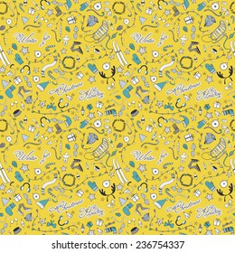 Seamless pattern with cartoon knitted mittens, scarf and other things. Christmas tree. Funny winter elements. Illustration be used for pattern fills, wallpapers, web page, surface textures. 