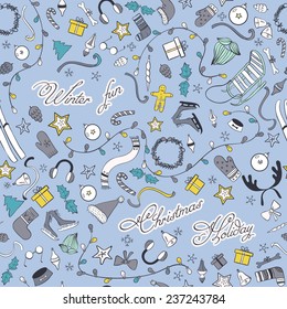 Seamless pattern with cartoon knitted mittens, scarf and other things. Christmas tree. Funny winter elements. Illustration be used for pattern fills, wallpapers, web page, surface textures. 