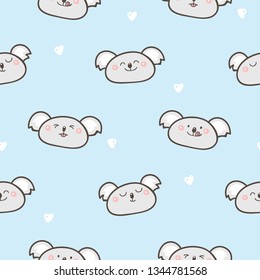 Seamless Pattern with Cartoon Koala Bear Face Design on Blue Background with White Hearts