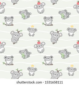 Seamless Pattern of Cartoon Koala Bear Design on Light Green Background with White Wavy Lines