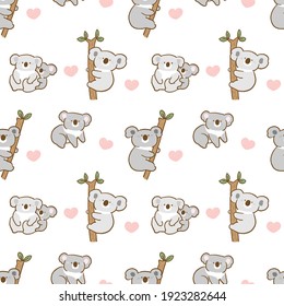 Seamless Pattern with Cartoon Koala Bear Illustration Designs on White Background with Pink Hearts