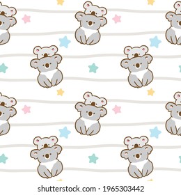 Seamless Pattern of Cartoon Koala Bear Illustration Design on White Background with Grey Wavy Lines and Pastel Stars