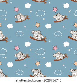 Nahtlose Muster mit Cartoon Koala Bärentafel Design auf dunklem blauen Hintergrund mit Pastellstars und Wolken