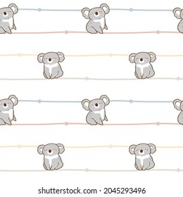 Seamless Pattern with Cartoon Koala Bear and Line Design on White Background