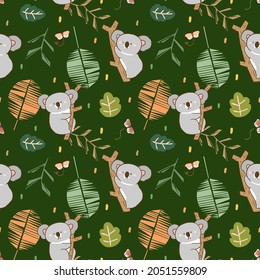 Seamless Pattern with Cartoon Koala Bear and Leaf Design on Deep Green Background