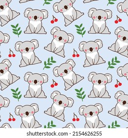 Seamless Pattern with Cartoon Koala Bear, Leaf and Cherry Design on Light Blue Background