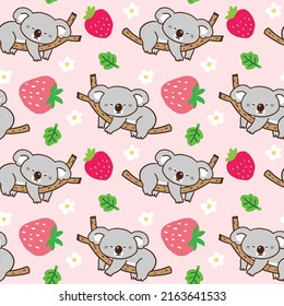 Patrón sin foco con caricatura Koala Bear, fresa, flor y diseño de hojas en fondo rosa claro