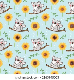 Seamless Pattern with Cartoon Koala Bear and Sunflower Design on Light Blue Background