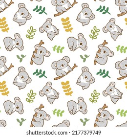 Seamless Pattern with Cartoon Koala Bear and Leaf Design on White Background