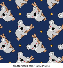 Seamless Pattern with Cartoon Koala Bear and Star Design on Dark Blue Background