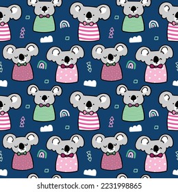 Nahtloses Muster mit Cartoon Koala Bärendesign auf dunkelblauem Hintergrund