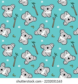 Nahtlose Muster mit Cartoon Koala Bär, Leaf und Blumendesign auf grünem Hintergrund