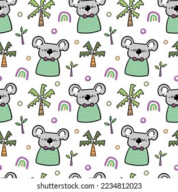 Seamless Pattern with Cartoon Koala Bear and Tree Design on White Background