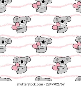 Seamless Pattern of Cartoon Koala Bear with Heart Design on White Background with Pink Wavy Lines