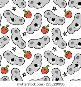 Seamless Pattern with Cartoon Koala Bear Face, Strawberry and Star Design on White Background