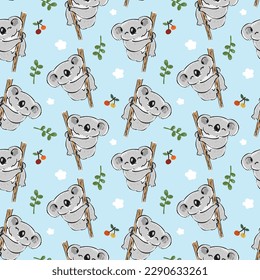 Nahtloses Muster mit Cartoon Koala Bär, Kirsche und Leaf-Design auf hellblauem Hintergrund