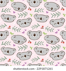 Nahtloses Muster mit Cartoon Koala Bärenfront und Leaf-Design auf hellrosa Hintergrund