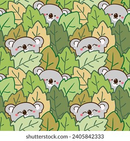 Seamless Pattern of Cartoon Koala Bear and Leaf Illustration Design