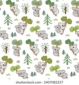 Seamless Pattern of Cartoon Koala Bear and Tree Design on White Background