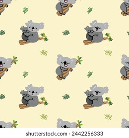 Seamless Pattern with Cartoon Koala Bear and Leaf Design on Light Yellow Background