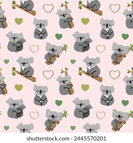 Seamless Pattern with Cartoon Koala Bear and Heart Design on Light Pink Background