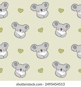 Seamless Pattern with Cartoon Koala Bear and Heart Design on Light Green Background