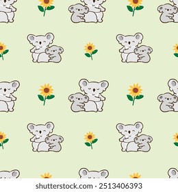 Seamless Pattern of Cartoon Koala Bear and Flower Design on Light Green Background