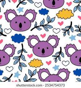 Seamless Pattern of Cartoon Koala bear Design on White Background with Star and leaves