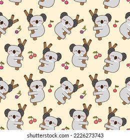 Seamless Pattern with Cartoon Koala and Cherry Design on Yellow Background