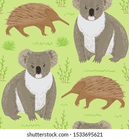 Seamless pattern of cartoon koala and echidna. Repeatable textile vector print, childish wallpaper design.