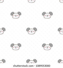 Seamless Pattern of Cartoon Koala Face Design on White Background with Pink Dots
