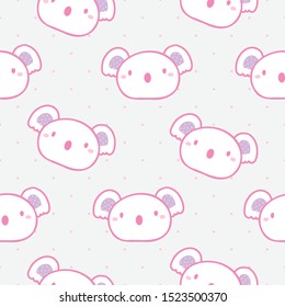 Seamless Pattern of Cartoon Koala Face Design on Light Grey Background with Pink Dots