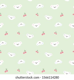 Seamless Pattern of Cartoon Koala Face and Cherry Design on Light Green Background