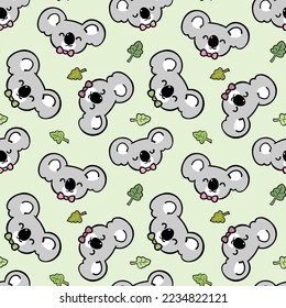 Nahtlose Muster mit Cartoon Koala-Gesicht und Leaf-Design auf hellgrünem Hintergrund