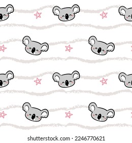 Seamless Pattern of Cartoon Koala Face Design on White Background with Star and Wavy Lines