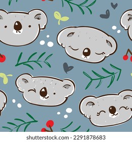 Seamless Pattern with Cartoon Koala Face and Leaf Design on Dark Blue Background
