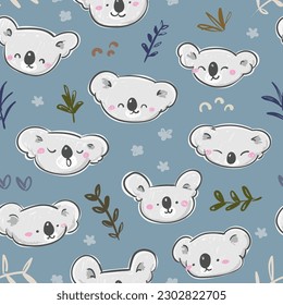 Nahtloses Muster mit Cartoon Koala-Gesicht und Leaf-Design auf blaugrauem Hintergrund