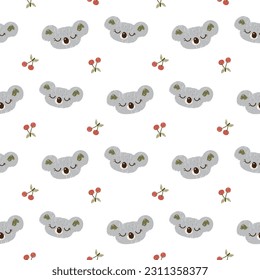 Seamless Pattern with Cartoon Koala Face and Cherry Design on White Background