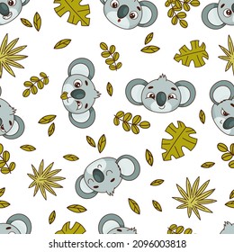 Seamless pattern with cartoon koala faces among tropical leaves. Endless texture. Vector illustration