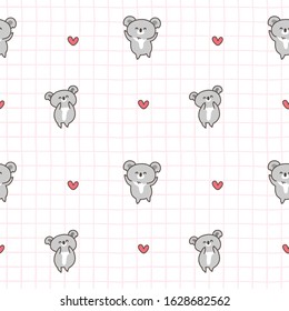 Seamless Pattern of Cartoon Koala and Heart Design on White Background with Pink Table