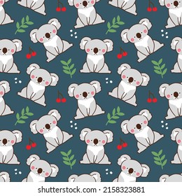 Seamless Pattern with Cartoon Koala, Leaf and Cherry Illustration Design on Dark Blue Background