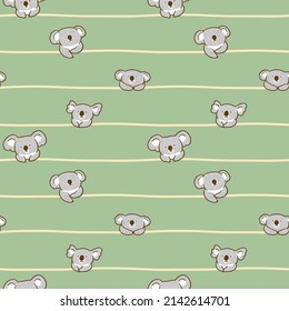 Seamless Pattern with Cartoon Koala and Line Design on Green Background