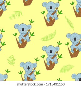 Seamless pattern with cartoon koala on the eucalyptus tree branch. Illustration with funny koala and exotic leaves. Pattern for fabric and clothes.