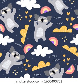 Seamless pattern with cartoon koala, rainbows, clouds, decor elements on a neutral background. flat style, colorful vector for kids. hand drawing. baby design for textile, print, fabric, wrapper