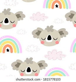 Seamless pattern with cartoon koala, rainbows, clouds, decor elements. flat style, colorful vector for kids. hand drawing. baby design for textile, print, fabric, wrapper