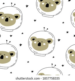 seamless pattern with cartoon koala in space, planet, moon, decor elements. Colorful vector for kids, flat style, hand drawing. baby design for fabric, print, nursery wallpaper, textile